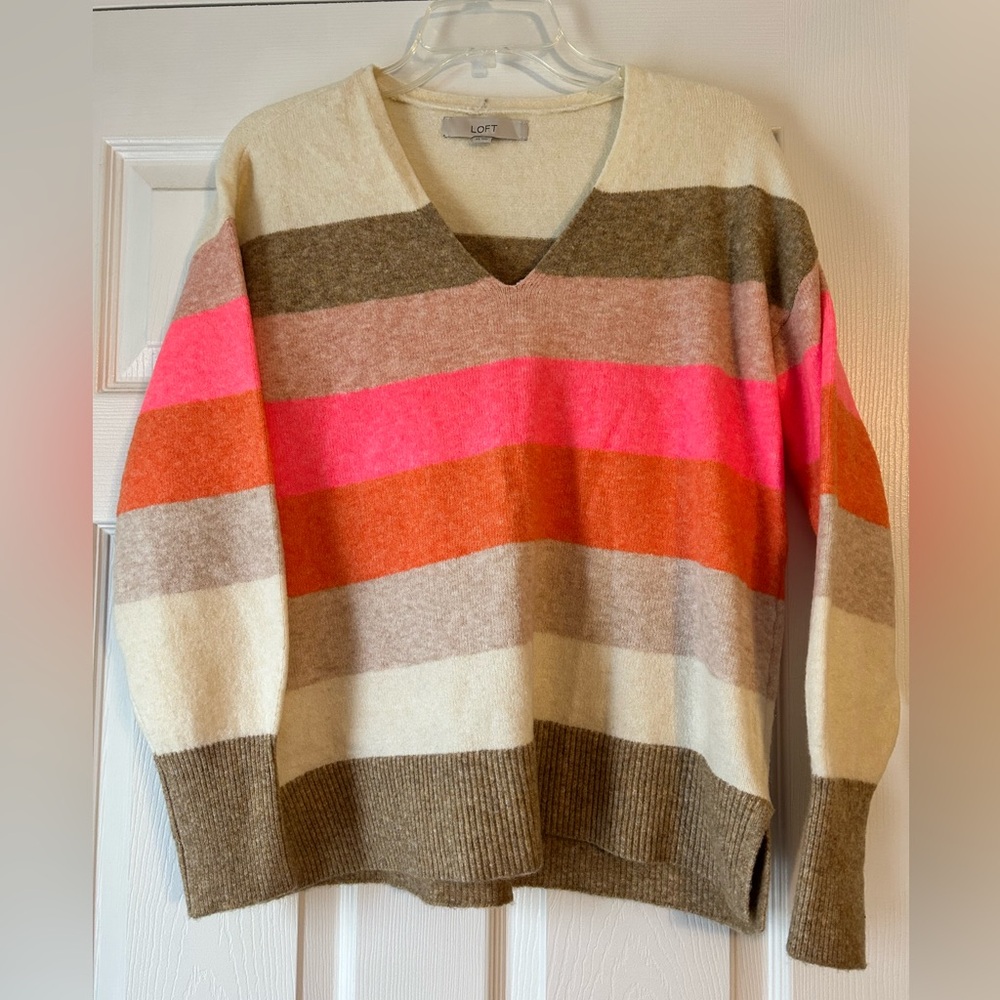 LOFT V-Neck Sweater with Pink and Orange Stripes